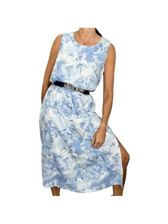 Vintage Dresses & Skirts - Vintage 80s 90s blue white abstract floral sleeveless long maxi shift dress 14